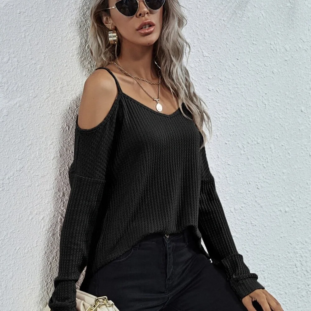 Boho Pink off shoulder waffle long sleeve knit top - Picture 12 of 16